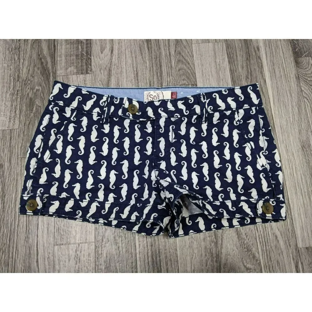 (3/$27) SO Juniors Size 3 Pockets‎ Seahorse Pattern Navy Blue White Short Shorts